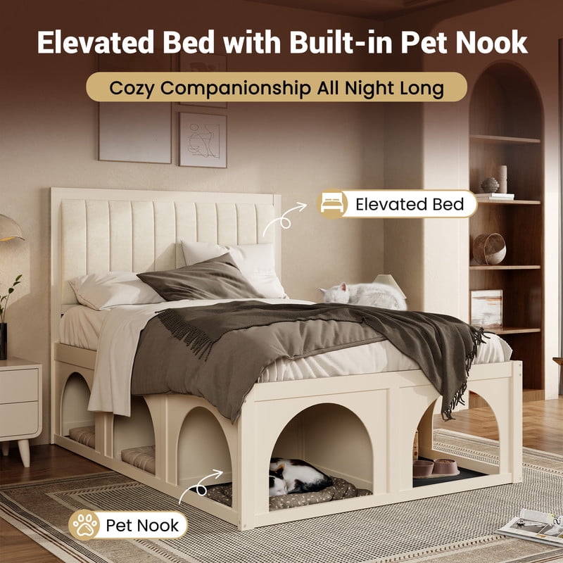 Full Size Pet-Friendly Platform Bed with Under-Bed Pet Nooks, Heavy Duty Wooden Storage Bed Frame with Padded Headboard