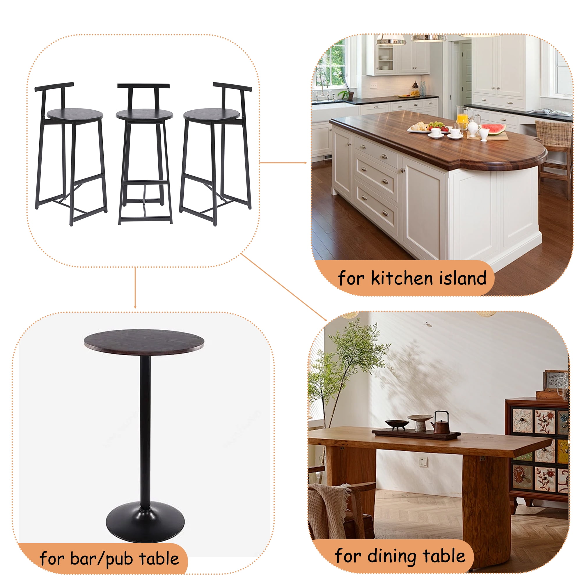 Wooden Round Bar Stools Set of 3 with Footrest 27 Inch Counter Height MDF Seat and Black Metal Frame for Kitchen Island Dining