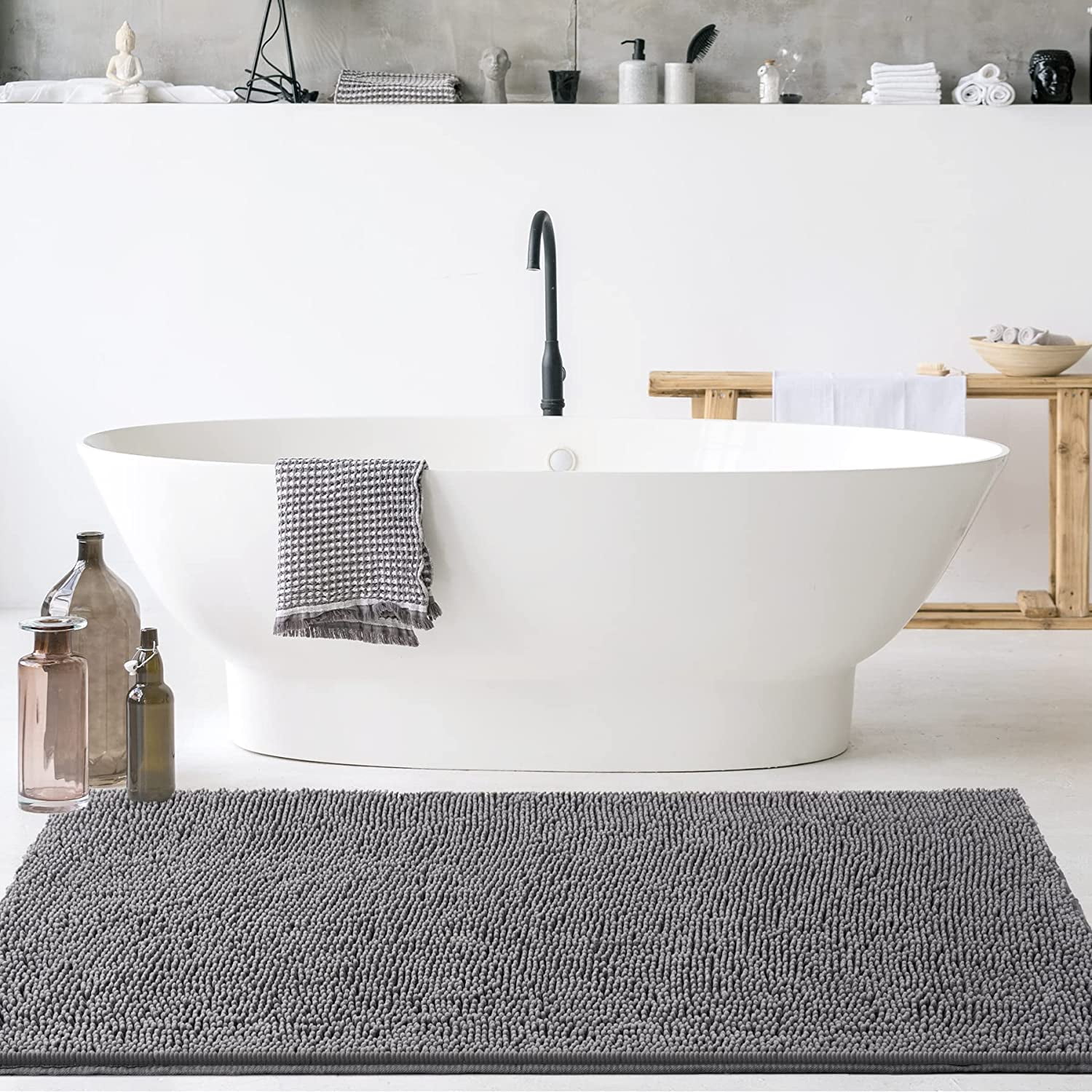 Bath Rugs 24'' x 48'' Bathroom Rug, Soft Luxury Chenille Bathroom Mats, Non-Slip and Absorbent Throw Rugs for Bath Tub, Plush Microfiber Shower Rug Machine Washable Floor Carpet, Grey