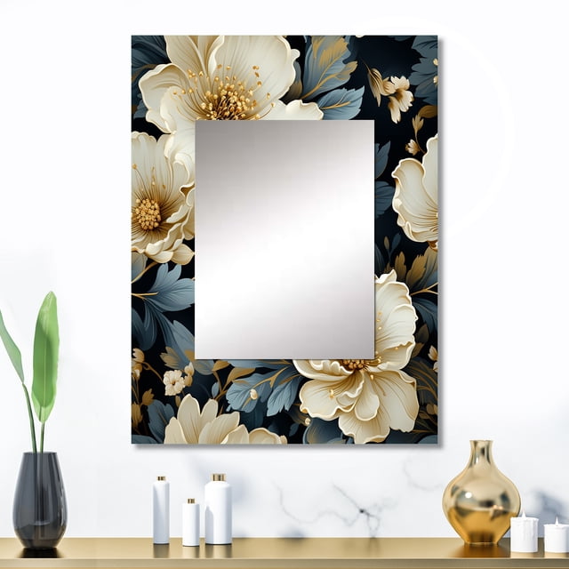 Designart "Opulent Gold Grey Floral Luxe II" Floral Wall Mirror, Printed Gold Wall Mirror, Traditional Bathroom Wall Mirror, Decorative Floral Mirror - 24x32 Inch