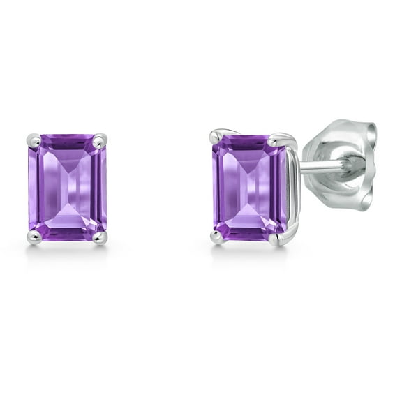 Gem Stone King 14K White Gold Purple Amethyst Stud Basket Setting Earrings | 1.04 Cttw | Gemstone February Birthstone | Emerald Cut 6X4MM | Double Notch | Gold Earrings for Women Men