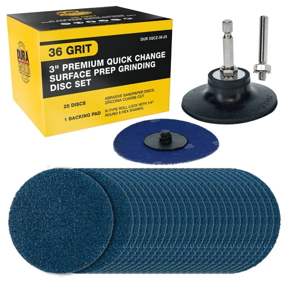Dura-Gold 3" Premium 36 Grit Quick Change Surface Prep Grinding Disc Set, 25 Discs & Backing Pad - R-Type Roll Lock Abrasive Sandpaper Discs, Zirconia Coarse Cut - 1/4" Round & Hex Shanks, Sanding