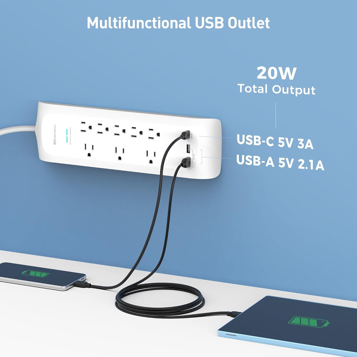 RGHJAR-[ETL Listed] 8-Outlet Surge Protector Power Strip with USB-A & USB-C Ports, 8 ft Cord, 1800 Joules, Wall-Mountable Design - Ideal for iPhone 16/15 Pro Max, iPad Pro, Galaxy S23 Charging