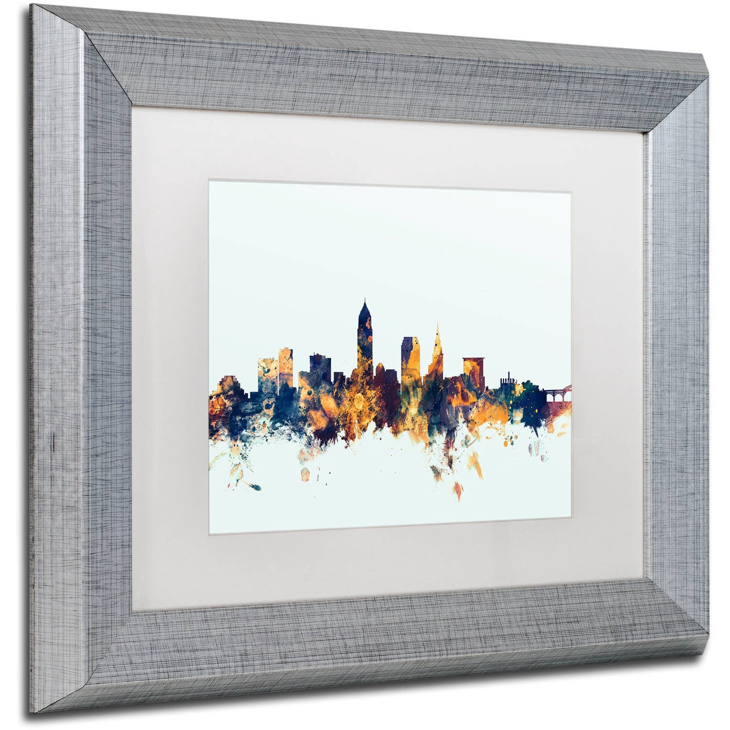 Trademark Fine Art "Cleveland Ohio Skyline Blue" Canvas Art by Michael Tompsett, White Matte, Silver Frame