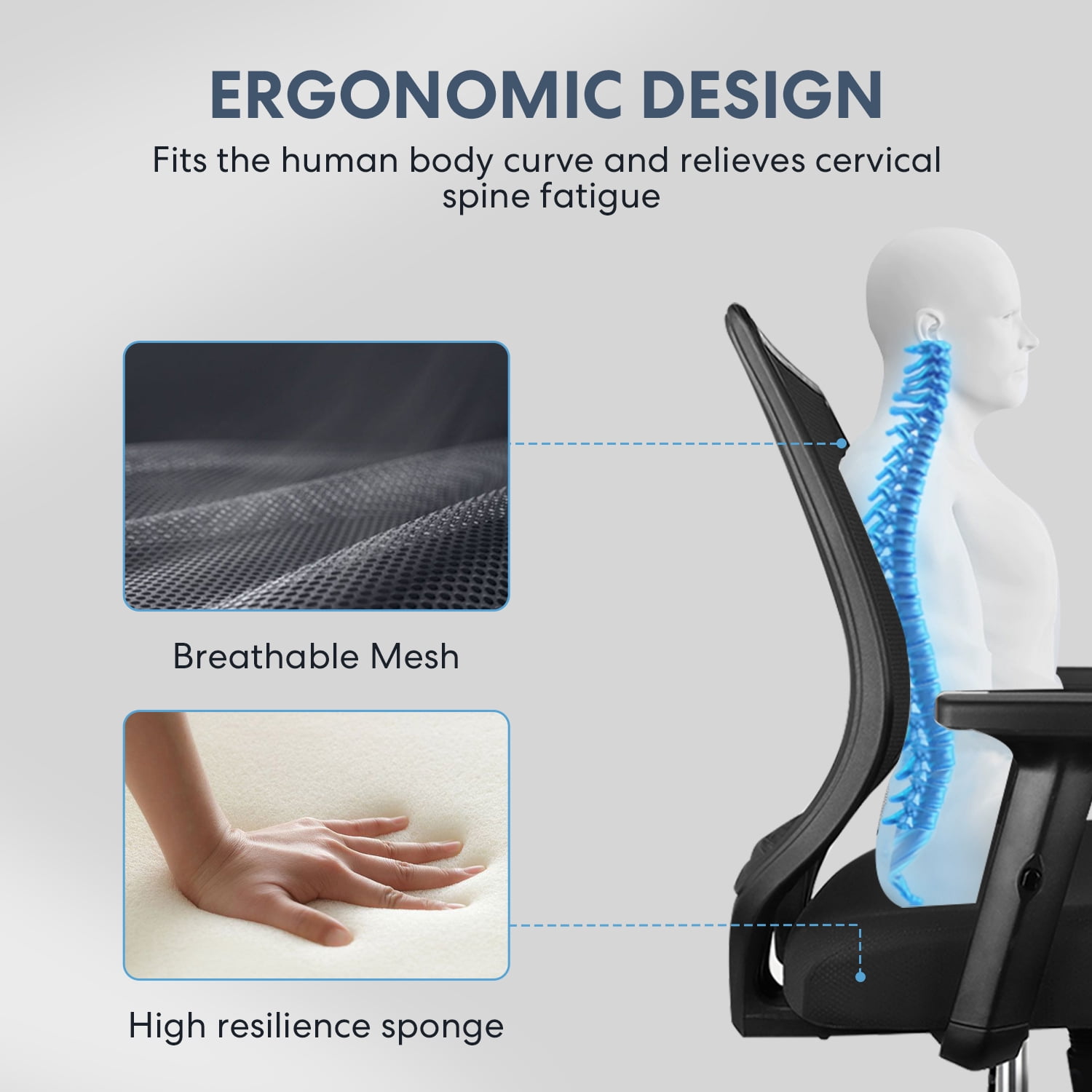 Ergonomic Office Chair - High Back Desk Chair with Adjustable Lumbar Support, Headrest & 3D Armrest - 135°Rocking Mesh Computer Chair (Black)
