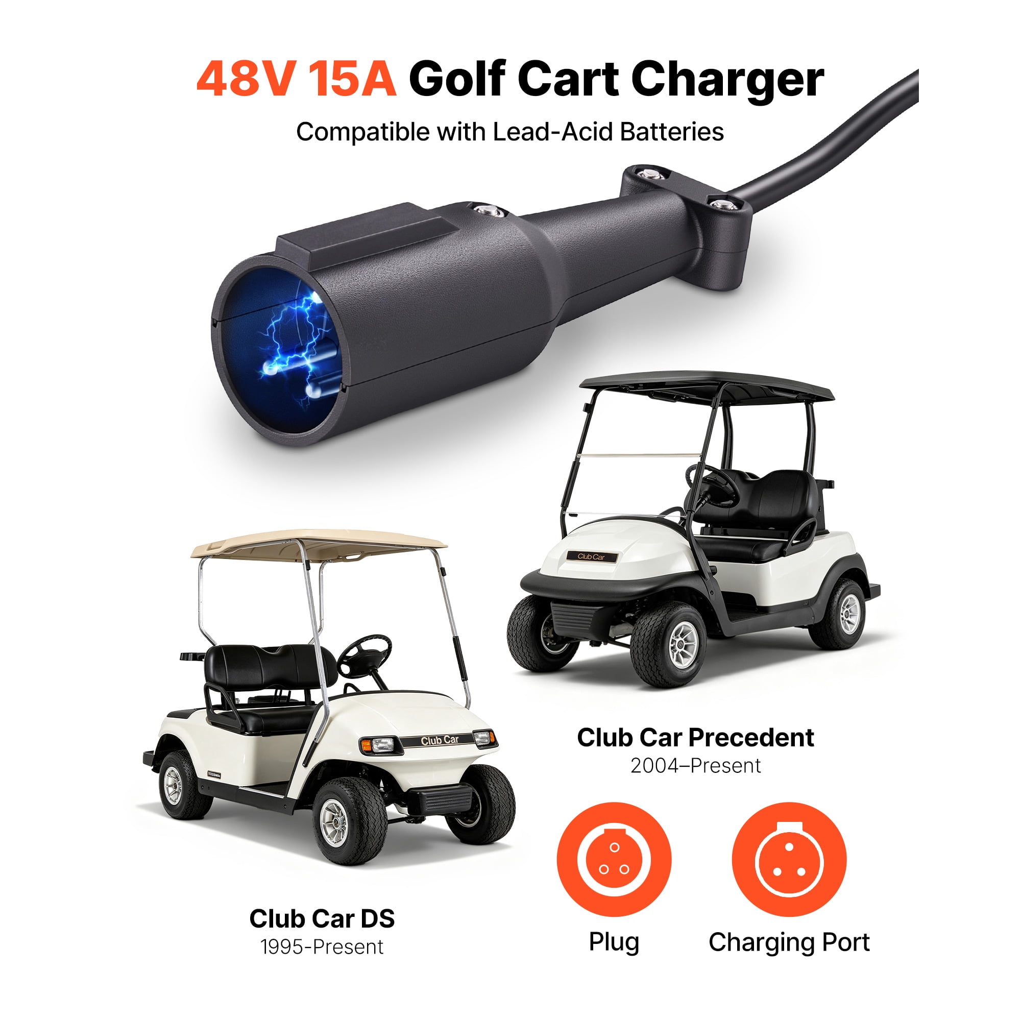 KFFKFF 48V15A Golf Cart Battery Charger with 3-Pin Round Plug,Compatible with Lead Acid Batteries,Durable Aluminum Shell,Trickle Charging Function,LED Indicators,Cooling Fan,and IP67Waterproof Design