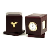 "Nursing", Rosewood Rotating Pen Box with Two 2"x2" Frames, Quartz Clock & Personalization 2"x2 1/4"