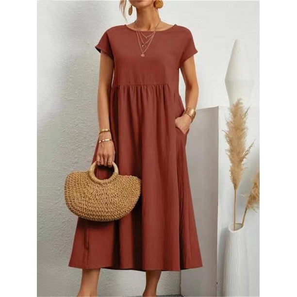 Harajuku Solid Long Dress Women Summer Casual Short Sleeve O Neck Loose Sundress 2023 Y2K Cotton and Linen Robe Dresses ClothesS Gao Jinjia LED