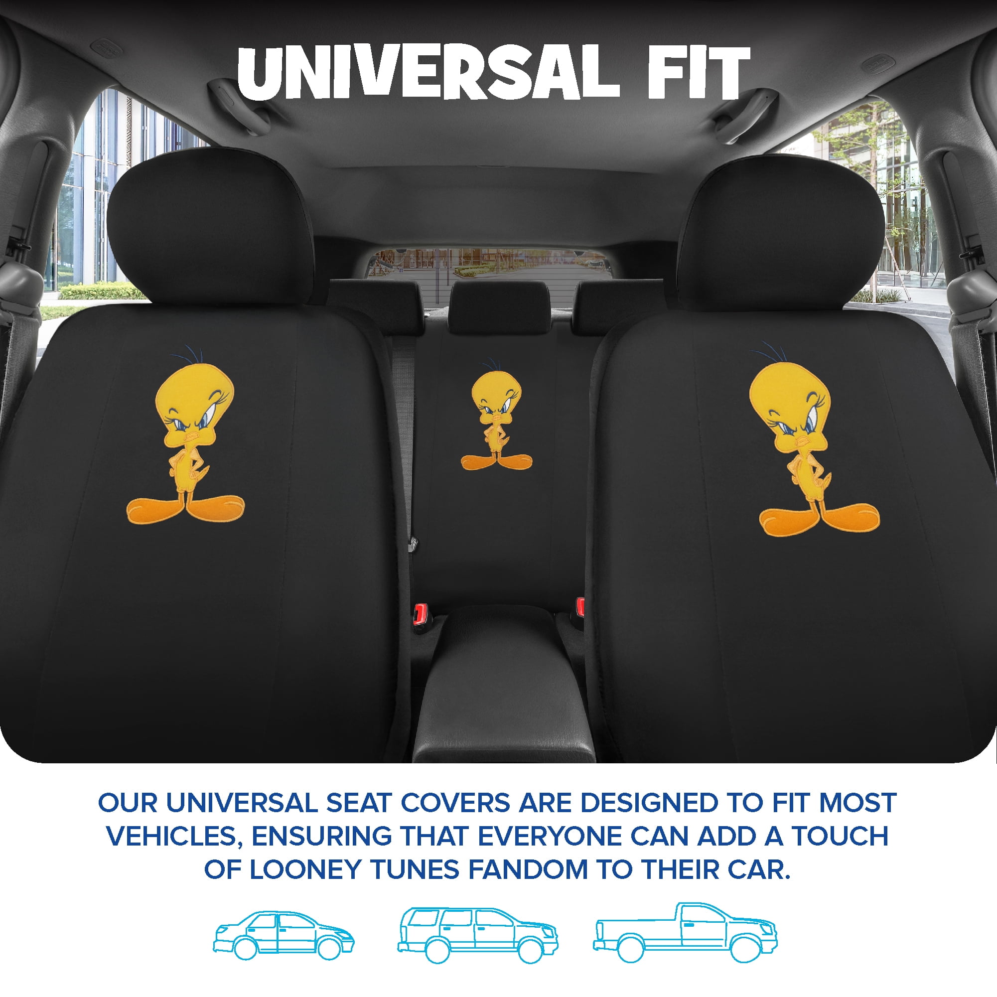 BDK Warner Brothers Looney Tunes Tweety Bird Front & Rear Car Seat Covers Full Set - Easy to Install Durable & Stylish Polyester Fabric Car Seat Cover - Airbag Compatible Universal Fit Car Accessorie