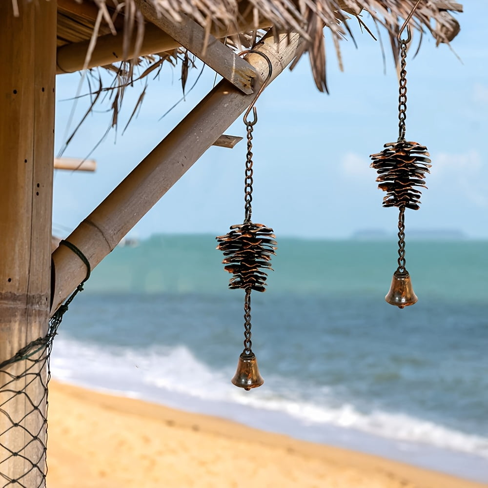 2 Pcs Pine Cone Wind Chimes Outdoor Hanging Decor, Rustic Metal Pinecone Chime with Bells for Garden Patio Porch Decoration, Decorative Wind Chime Ornament for Spring Home Yard Balcony Gift