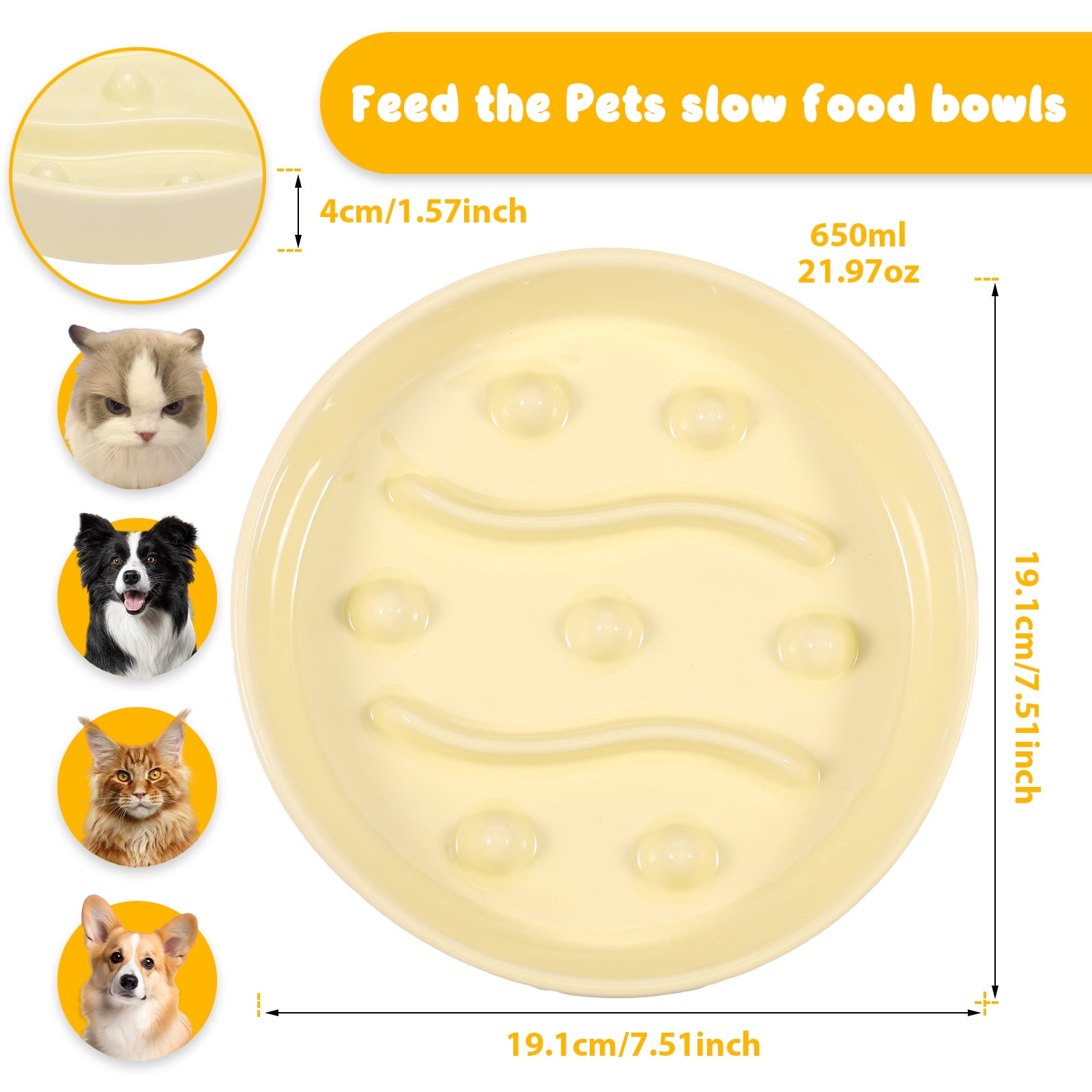 2 Pcs Cat Slow Feeder Bowl Smooth Ceramic Cat Food Bowl Slow Feeder with Nonslip Bottom，Keeps Pets Busy and Prevents Puppy Overeating