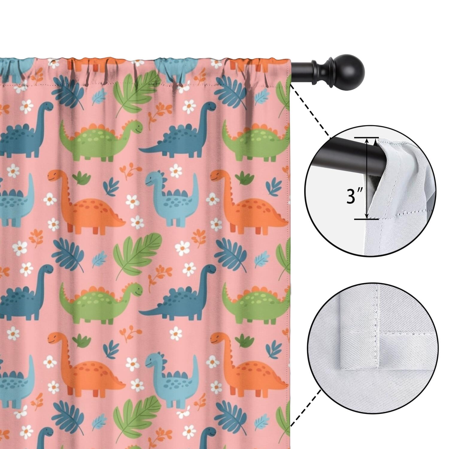 Blackout Kids Curtains,Pink Dinosaur Floral Pattern Childrens Insulated Curtains Set Of 2,Bedroom Essentials,Toddler Room Decor 42"x63"