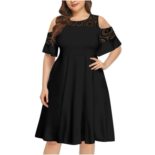 Fesfesfes Plus Dress for Women Casual Solid Color Plus Size O-Neck Sexy  Lace Short Sleeve Loose Pullover Dress 