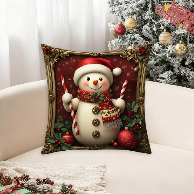 QIPOPIQ Linen Plush Cartoon Snowman Print Pillowcase, Christmas Decorative Pillow Pillowcase (Without Pillow core)