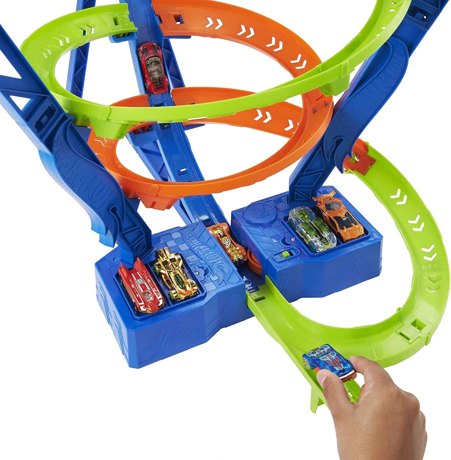 ​Hot Wheels Track Set and 1:64 Scale Toy Car, 29" Tall Track with Motorized Booster for Fast Racing, Action Spiral Speed Crash Playset​​​​