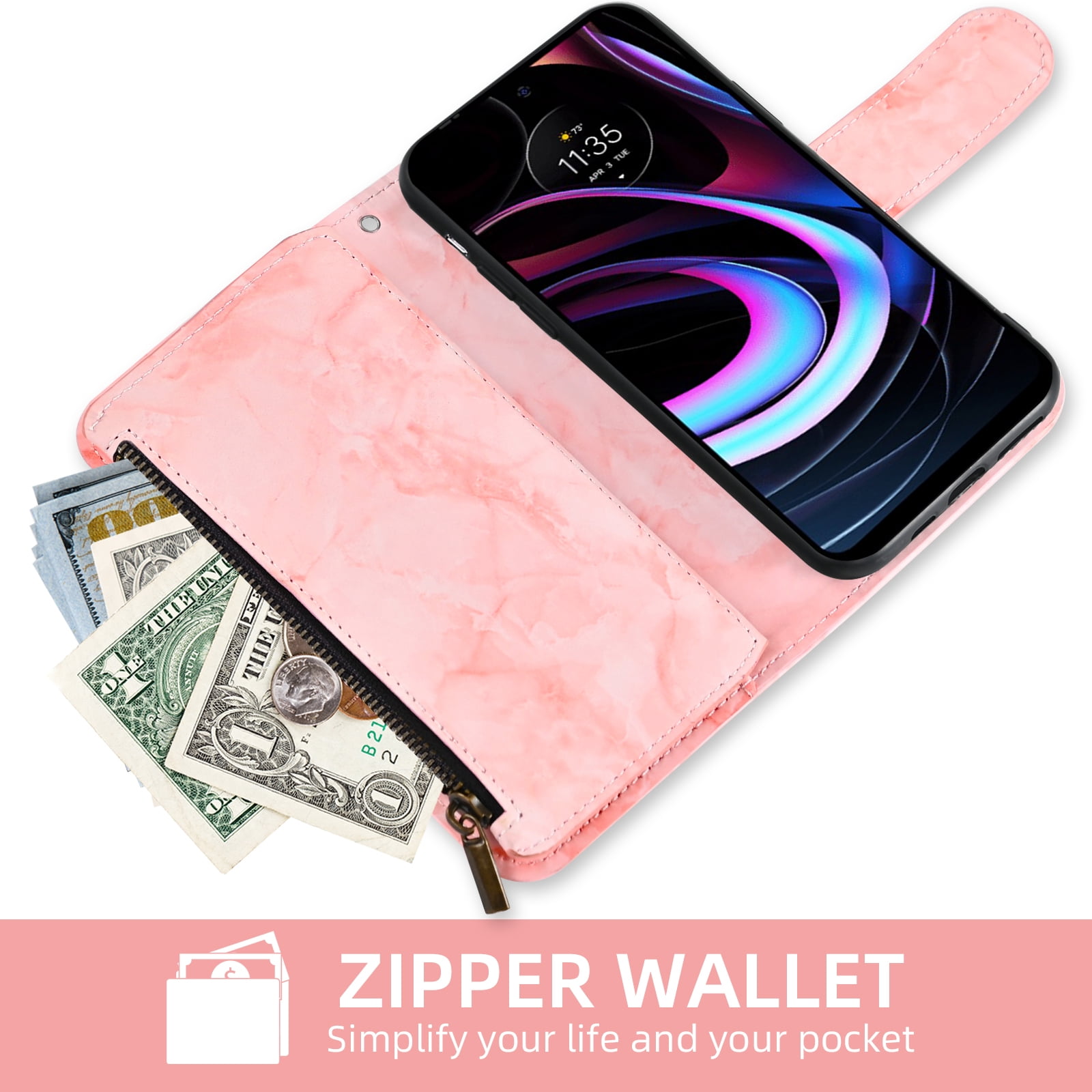 Compatible with Motorola Moto Edge 2021/MotoEdge 5G UW 2021 Wallet Phone Case and Tempered Glass Screen Protector Marble Faux Leather Flip Credit Card Holder Stand Zipper Cell Cover for XT2141-1 Pink