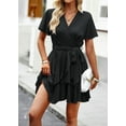 thumbnail image 7 of Womens Sexy Deep V Neck Short Sleeve Tie Waist Ruffle Hem Flowy Swing Mini Short Wrap Dress, 7 of 7
