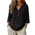 thumbnail image 3 of Womens Casual V Neck Blouse 3/4 Sleeves Summer Tops Loose Fit Linen Shirts Beach Vacation Clothes by Gbobgt Black L, 3 of 6