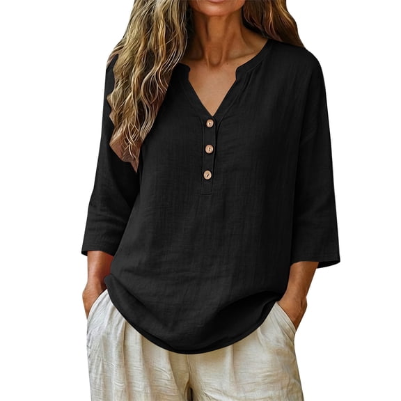 Womens 3/4 Sleeve Tops Button Down Shirts Womens Shirts Casual Fall Outfits for Women Work Top Linen Shirts for Women Lightweight Cotton Linen Cute Summer Tops Loose Fit V Neck,Black,L