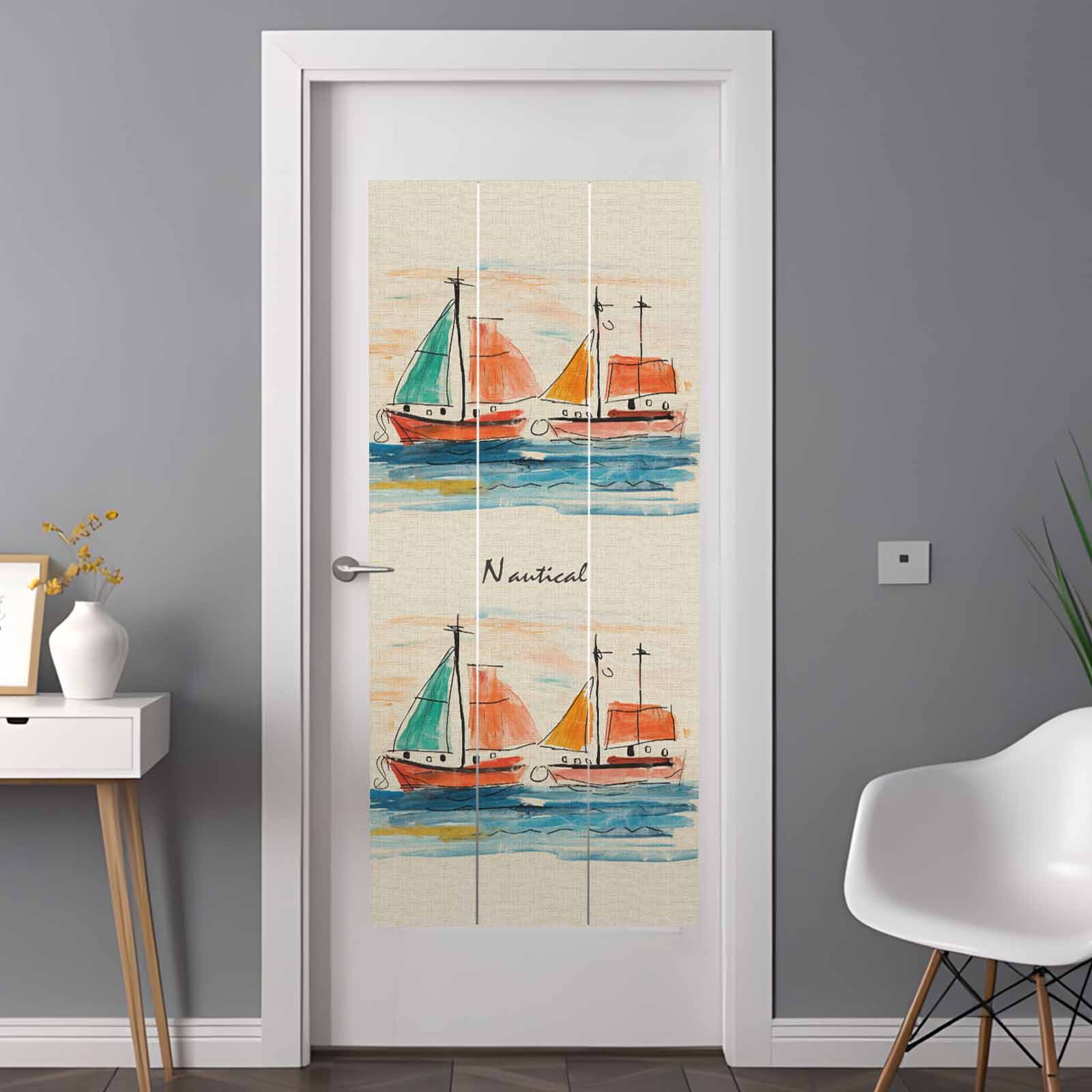 Nautical Boat, Window Privacy Film, Coastal Sailing Ship Ocean Painted Sea Static Cling UV Sun Blocking Heat Control Window Tint, Non-Adhesive One Way Windows Privacy Cover 35.4''x78.7''