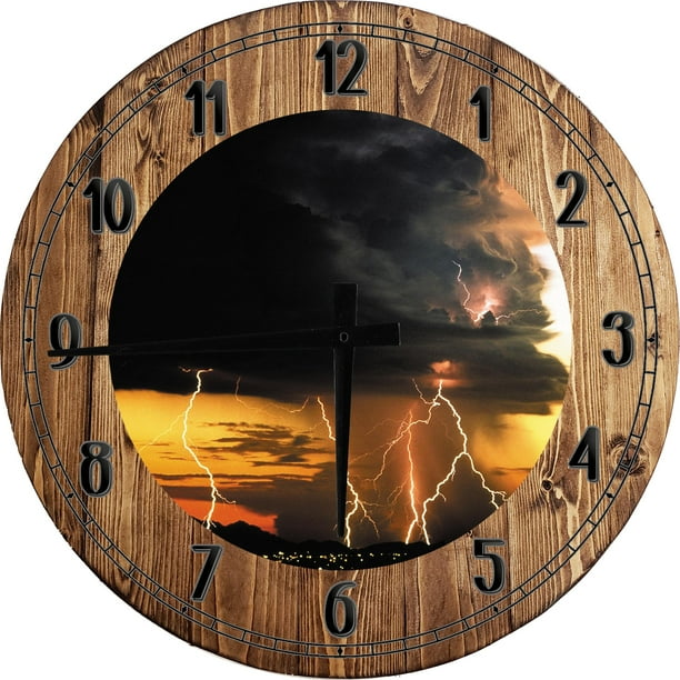 Large Wood Wall Clock 24 Inch Round Storm Wall Art Thunder Storm