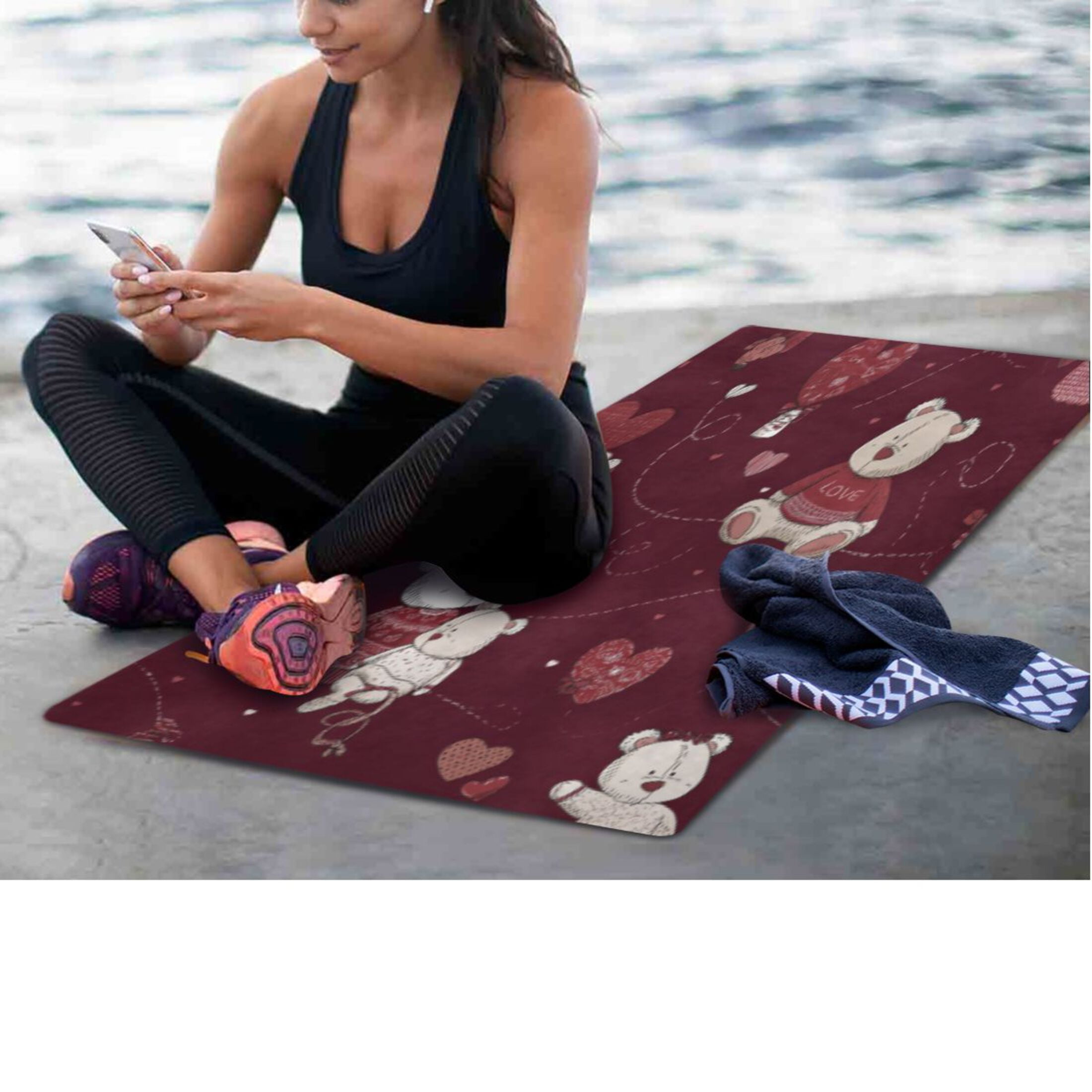 BZSMCE Yoga Mat Women Fitness Mat Burgundy Bear Heart Cuddle Pattern