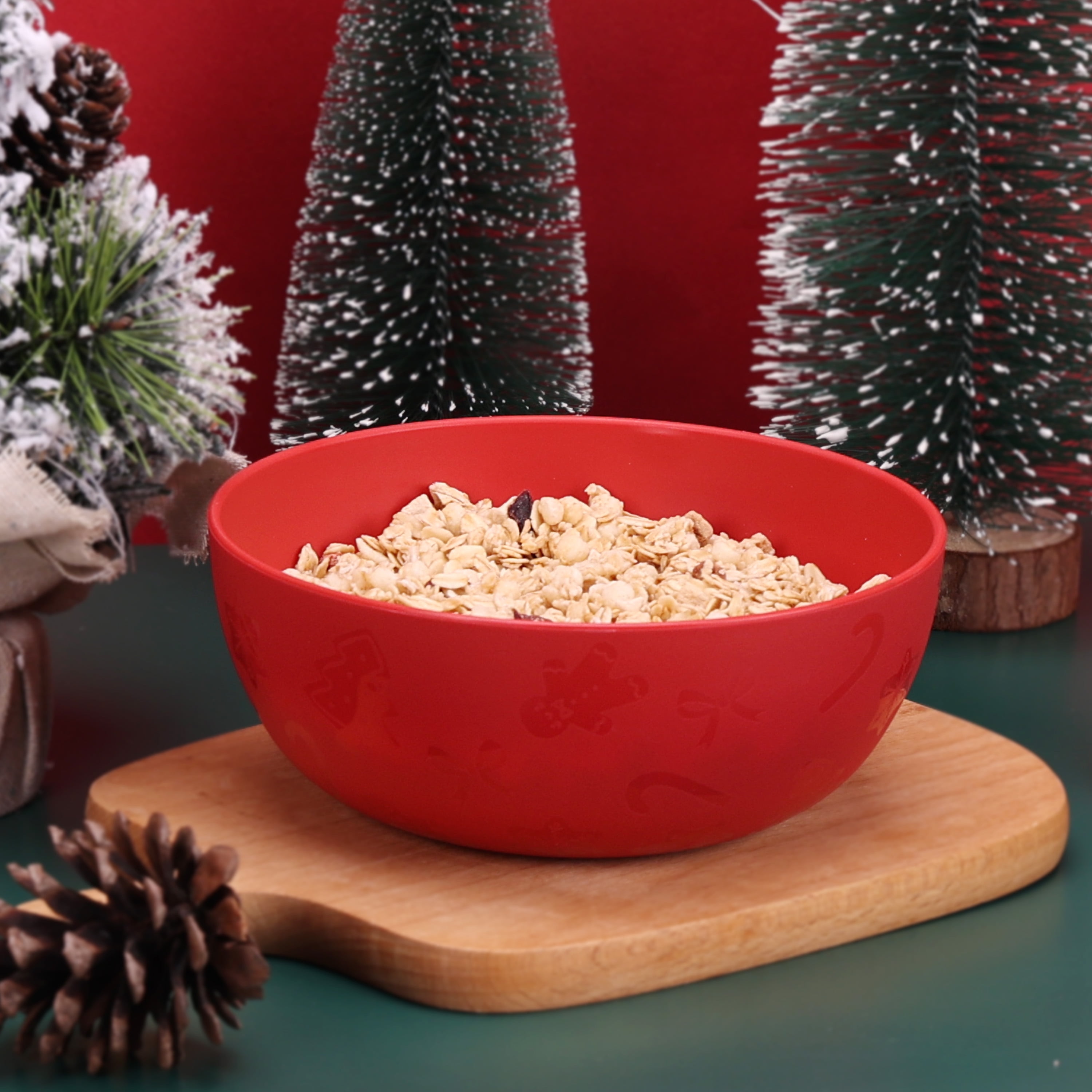 (12 pack) Mainstays 38 Ounce Round Plastic Etched Holiday Bowl, Red