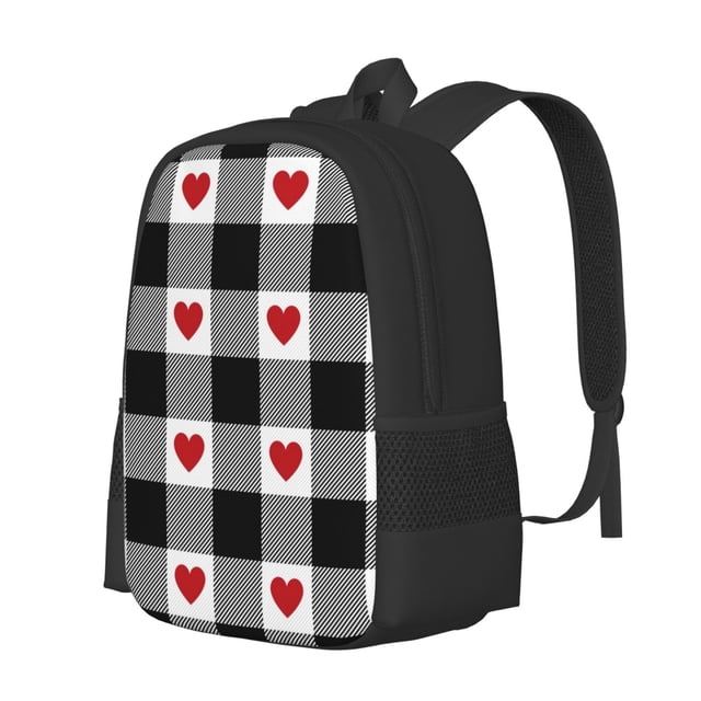 Balery Heart Black Buffalo Plaid Gingham Mochila para hombre y mujer - Tela Oxford 600D resistente - Gran capacidad, resistente al agua, ideal para la escuela, viajes y senderismo