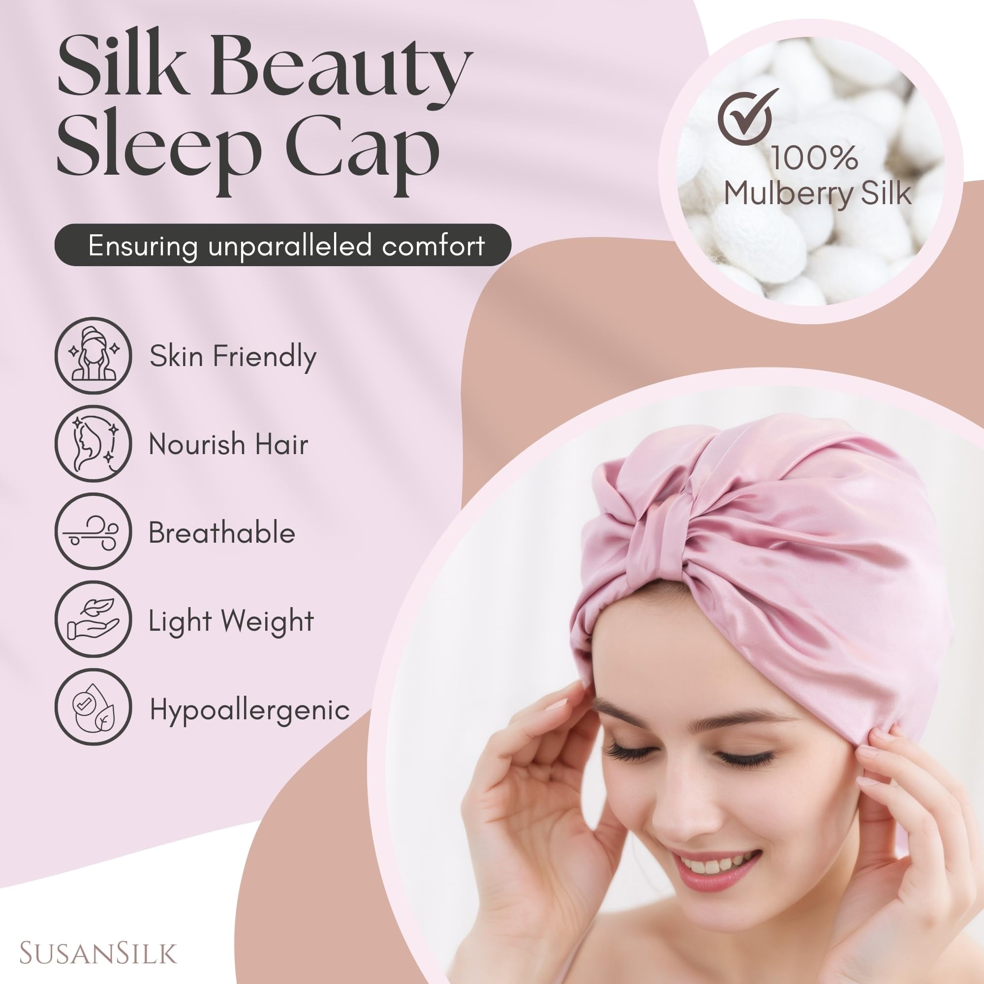 SusanSilk Premium Mulberry Silk Bonnet, Sleep Cap, Shower Cap with Adjustable, Breathable Design