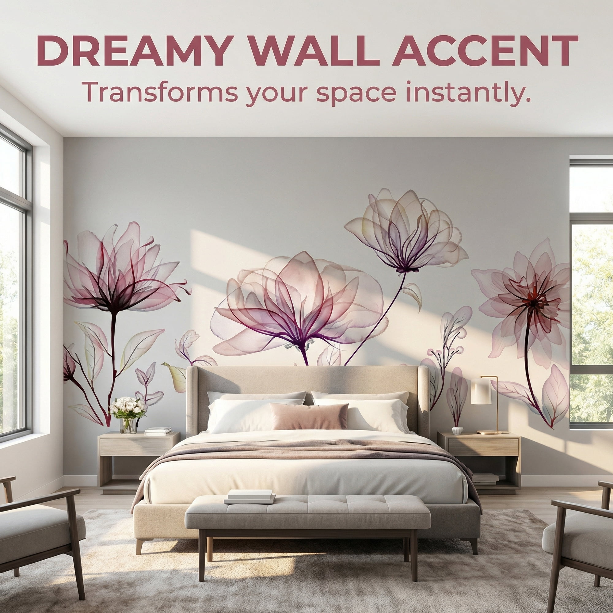 Unique Bargains 40PCS Flowers Wall Stickers Decals Peel and Stick Purple 35.4" x 11.8"