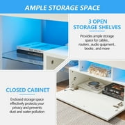 UHOMEPRO TV Stand for TV up to 55, High Gloss Entertainment Center with RGB LED Lights and Storage Shelves, White Media Console for Living Room