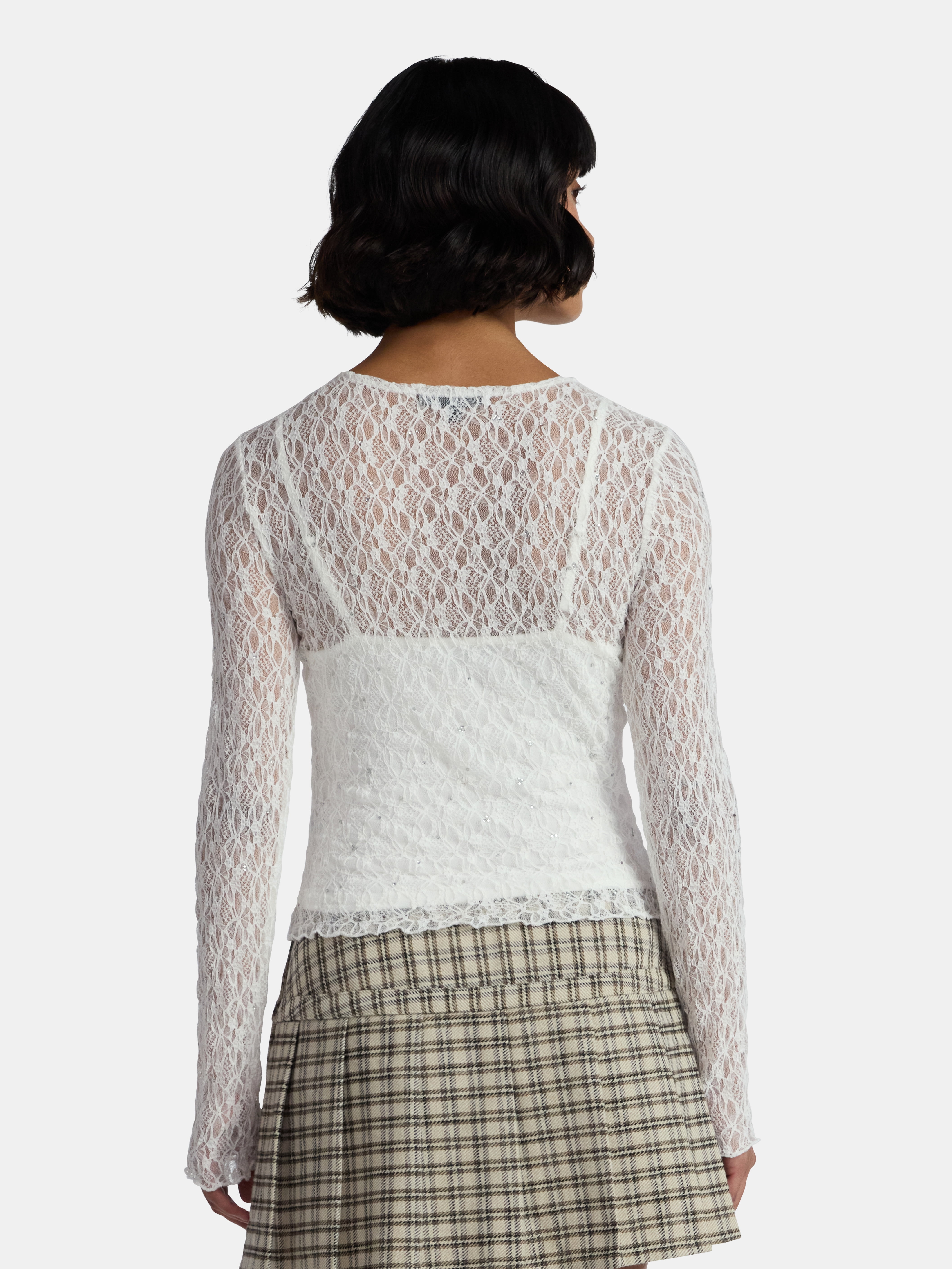 Madden NYC Women’s Lace Rhinestone Top with Long Sleeves, Sizes XXS-XXL