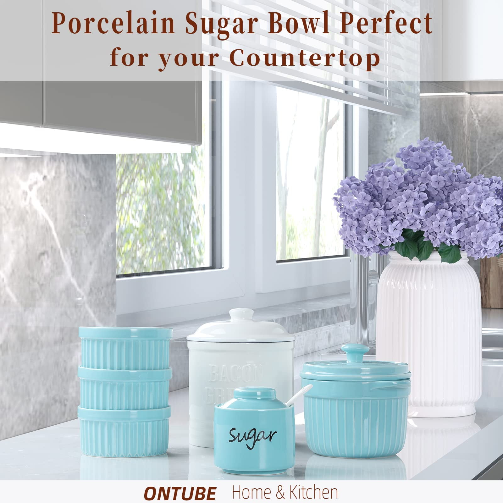 Vermida Sugar Bowl with Lids and Spoons,Ceramic Sugar Jar with Spoon and  Tray,Porcelain Sugar Container with Labels for Kitchen,Sugar Holder for