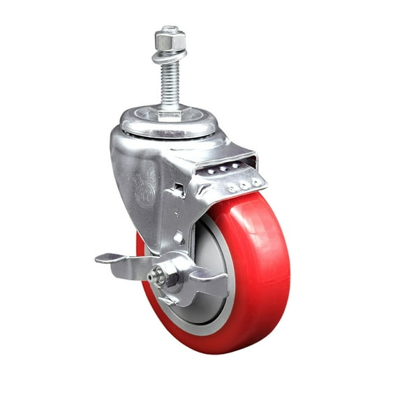 4 Inch Red Polyurethane Wheel Swivel 10mm Threaded Stem Caster with Brake
