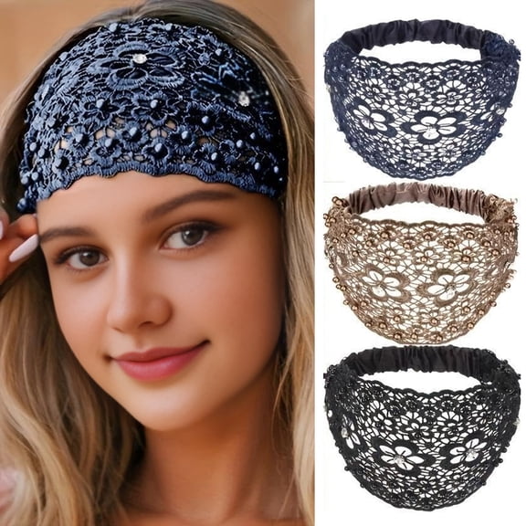 SmartBy Faux Pearl Embellished Lace Headband Women High Elastic Wide Hair Band with 5 Petal Flower Design Hair Accessories