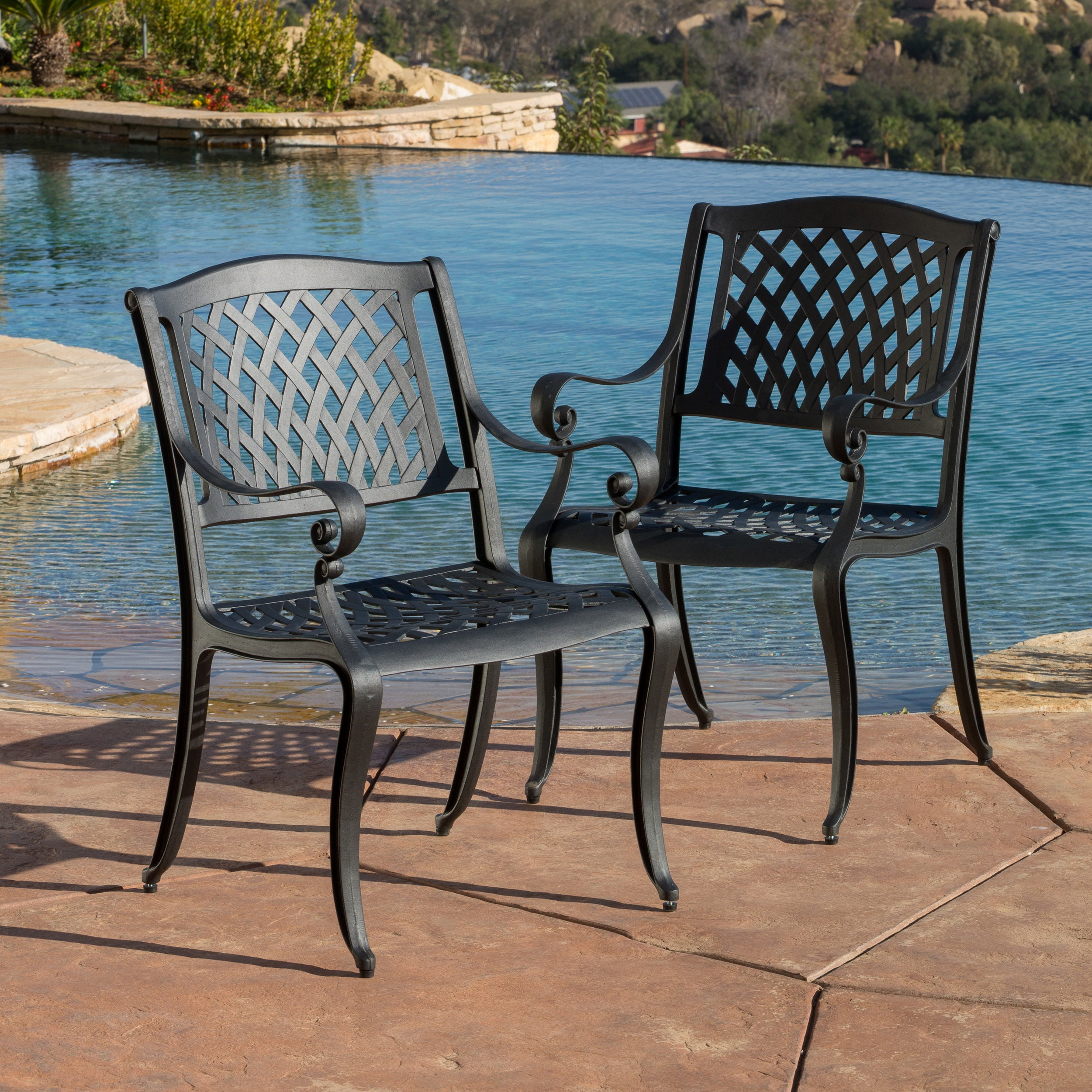 Black Sand Cast Aluminum Outdoor Chairs, Black Cast Aluminum Outdoor Dining Chairs