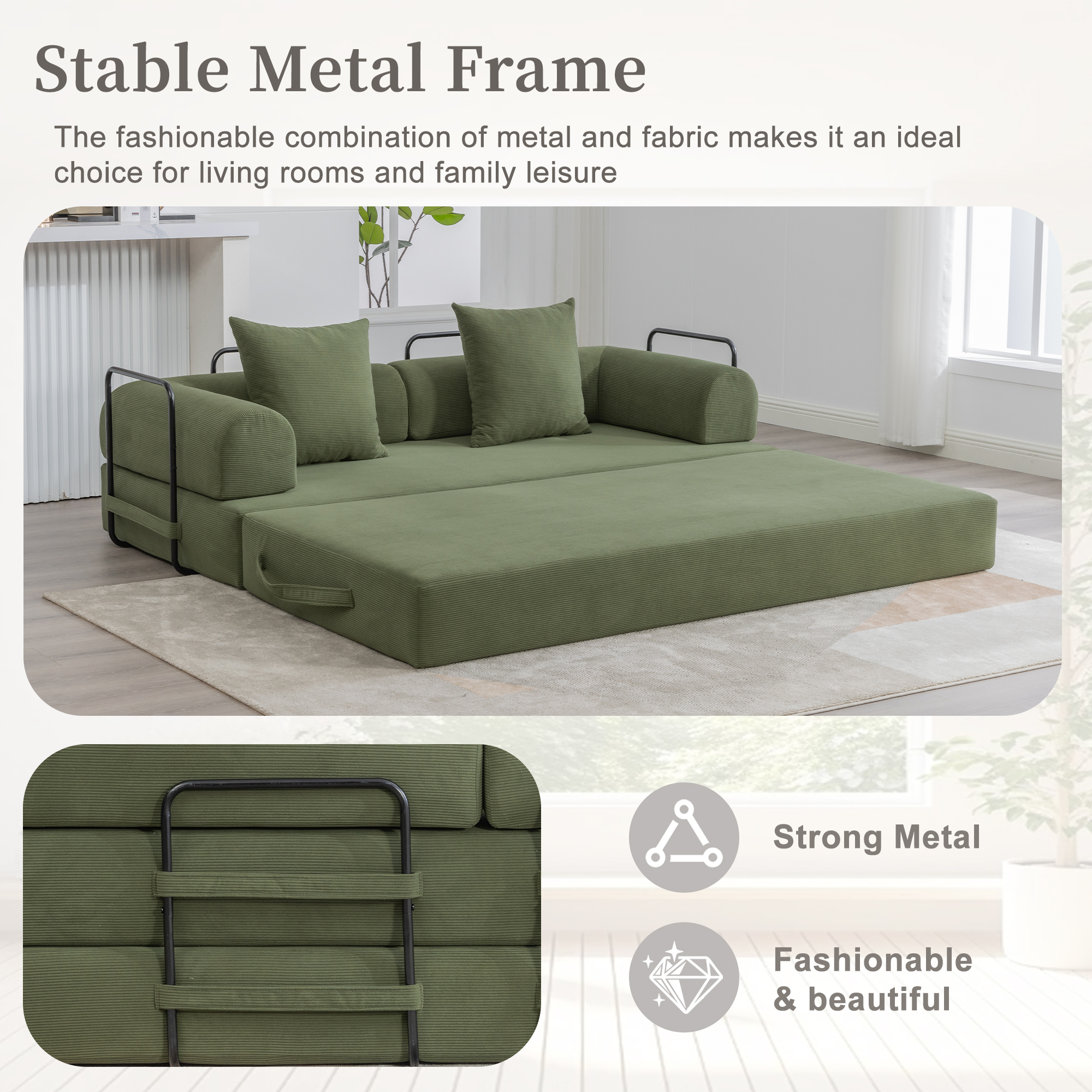 MOONMISS Corduroy Upholstered Modern Comfort Foldable Compressible Sofa Bed with Sturdy Metal Frame-Olive Green