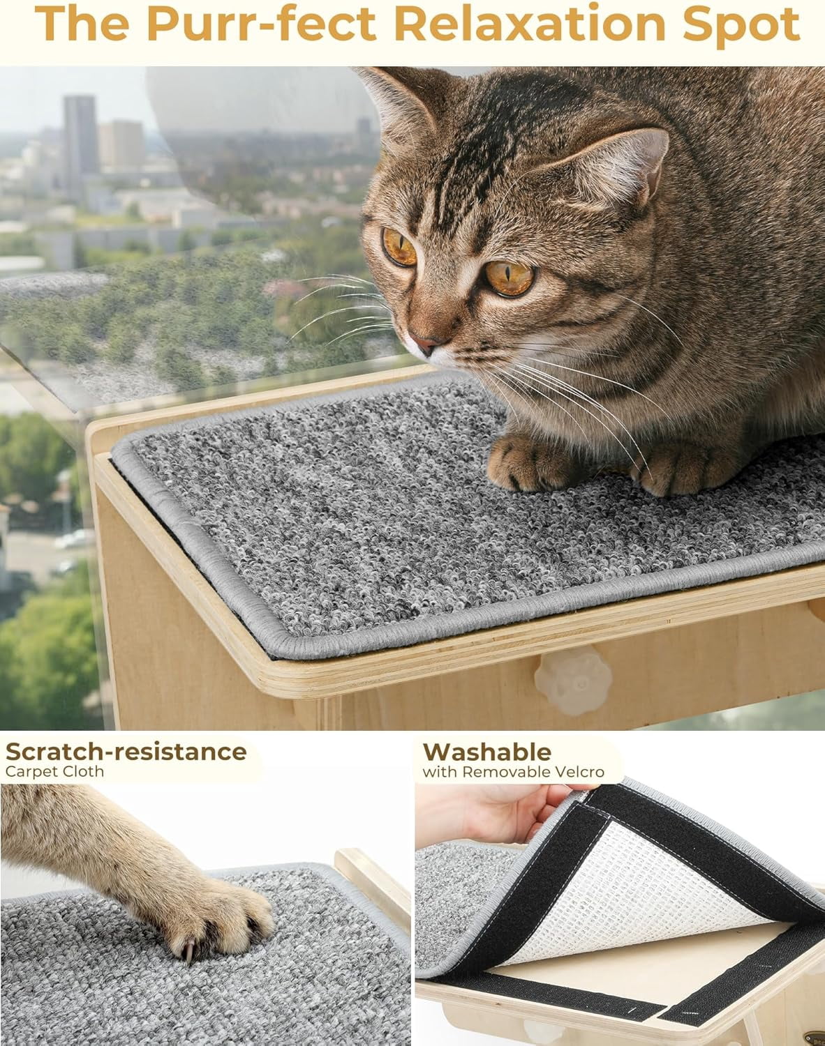 Double Cat Shelves with Scratching Post for Wall and Window with Solid Wood, Strong Suction Cup, Washable Cover Mat, Cats Perch Bed for Birds Watching Inside Indoor Cat Hammock Bed
