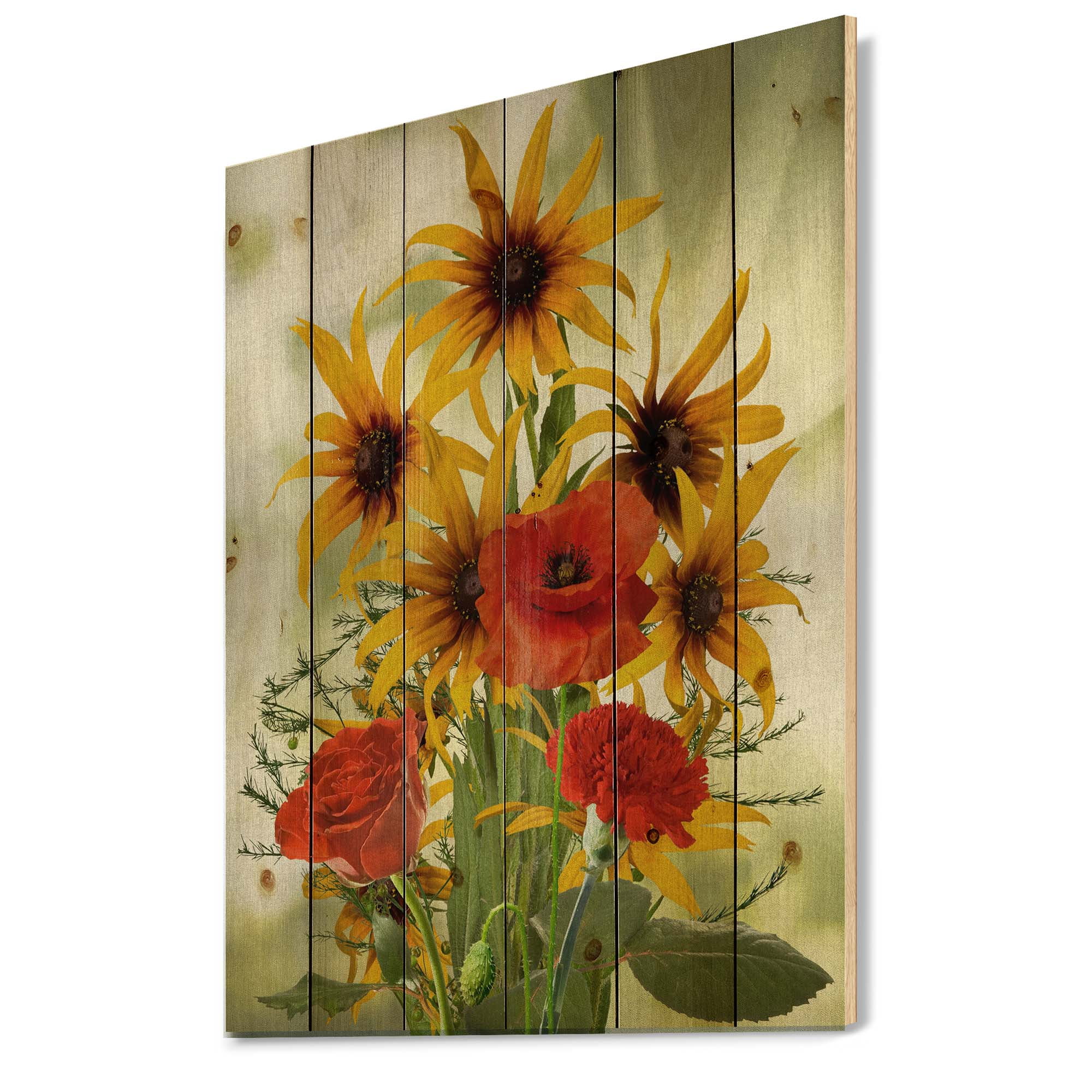 Designart 'Poppies and Sunflowers In The Wild' Traditional Print on Natural Pine Wood