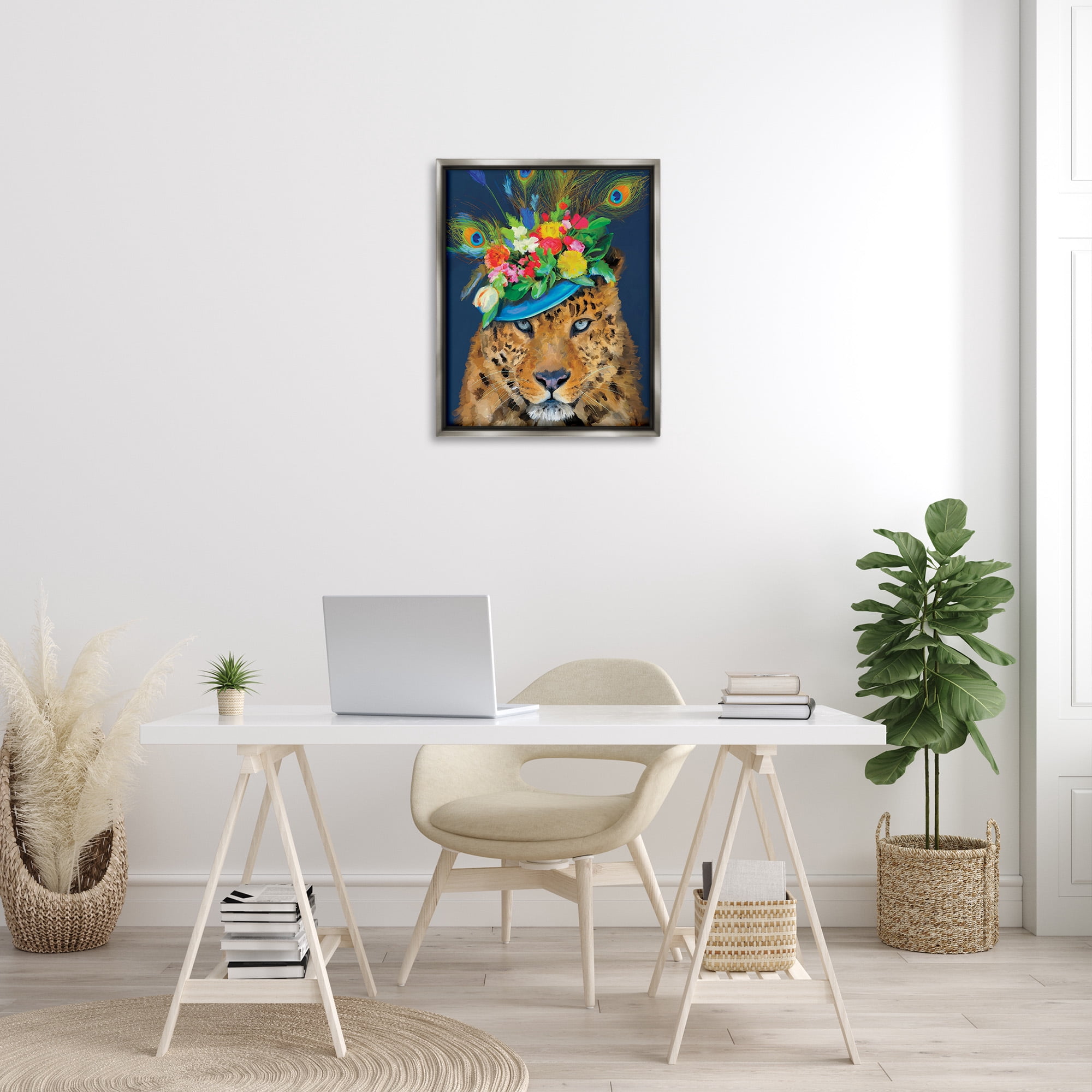 Stupell Industries Cheetah with Feather Hat Animals & Insects Painting Gray Floater Framed Canvas Art Print Wall Art, 25 x 31