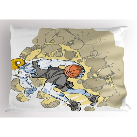 Animal Pillow Sham Painting Style A Farmville Bighorn Sheep Animal Basketball Player Ilustration Art, Decorative Standard Queen Size Printed Pillowcase, 30 X 20 Inches, Tan and Grey, by