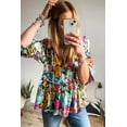 thumbnail image 3 of Women's Multicolour Floral Print Bubble Sleeve Ruffled V Neck Blouse | [ZhiHiMeRi] | (US 12-14)L, 3 of 12