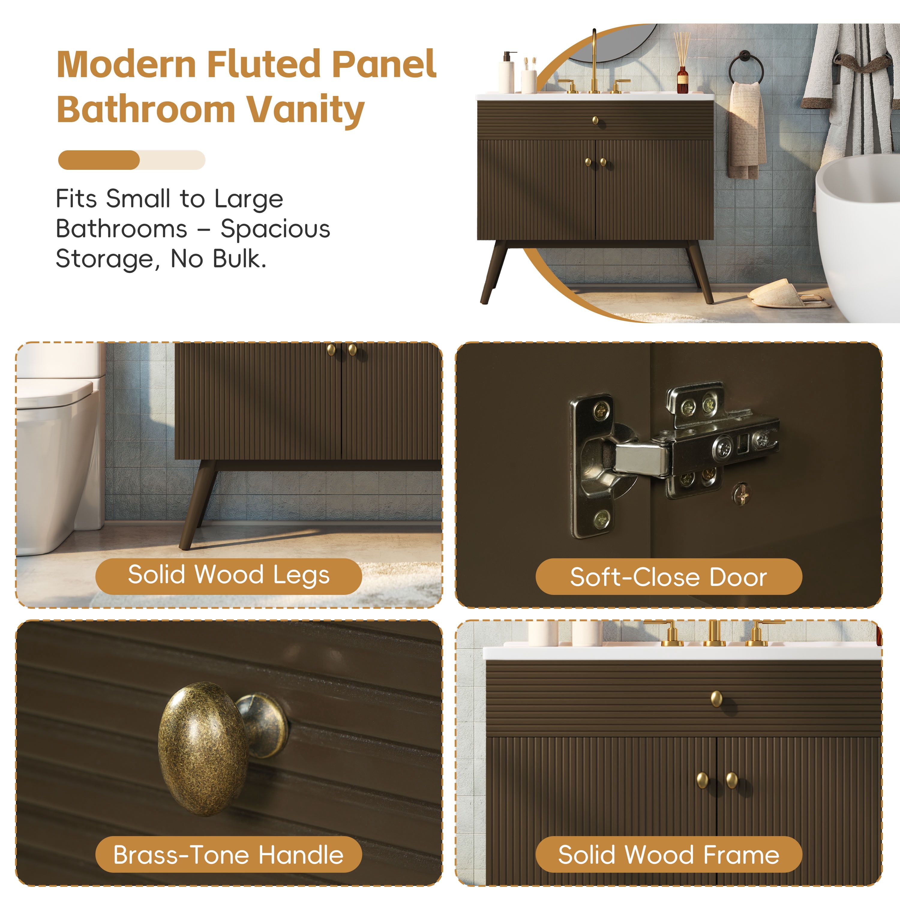 Mintazer 36 Inch Fluted Bathroom Vanity with Ceramic Sink, Modern Single Sink Bath Cabinet with Soft Close Storage, Brown