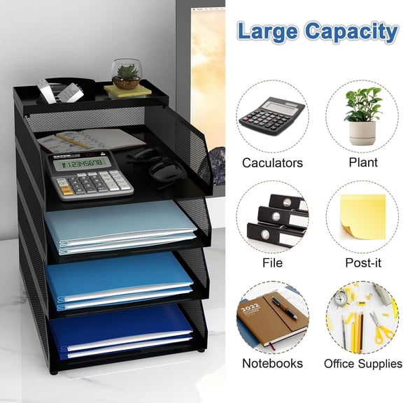 4-Tier Desk Organizer,Stackable Paper Tray, Desk Accessories,Metal Mesh Desktop Organizer, Paper Sorter, Letter Trays,File Document Storage Rack for for Home, Office, School (Black)