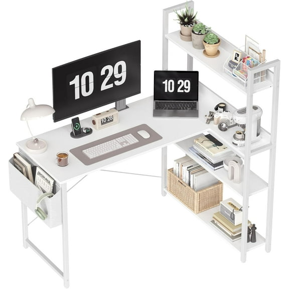 47 Inch Computer Desk with Bookshelf, Corner Desk with Storage, L Shaped Desk, Home Office Desks, Writing Study Desk for Bedroom,White