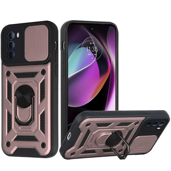 For Motorola Moto G Play 2023 Hybrid Cases with Slide Camera Lens Cover and Ring Holder Kickstand Rugged Dual Layers Cover ,Xpm Phone Case [ Rose Gold ]