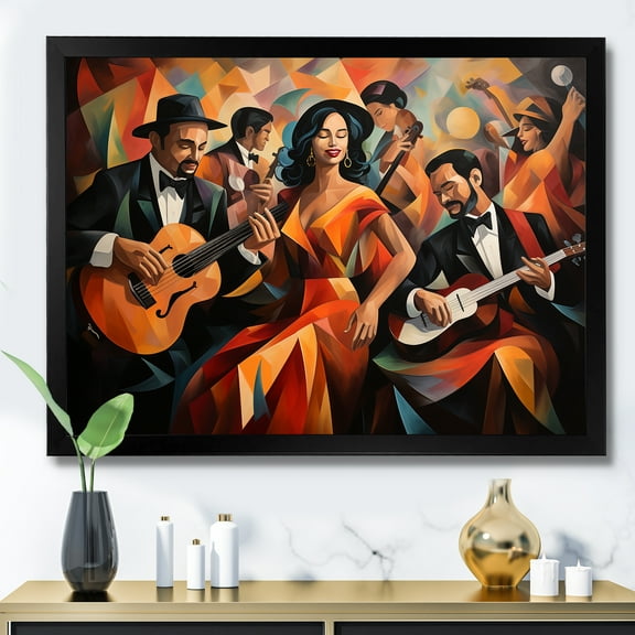 Designart "Elegance of Floral Piano in Jazz Room" Entertainment Framed Wall Art Decor - Vintage Orange Music Entryway Framed Wall Art