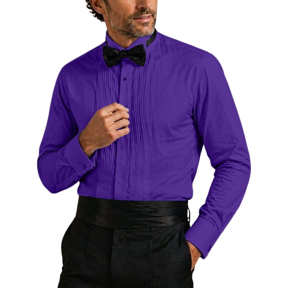 YLSDY Men's Formal Tuxedo Shirt, Pleated Front with Bow Tie Included, Long Sleeve Collared Top for Events Purple XXXL