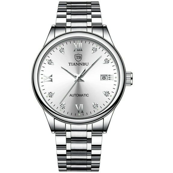 TIANNBU Classic Men's Watch with Date, Stainless Steel Men's Watch, Visual Date Window, Automatic Mechanical Movement, Waterproof Luminous Business Watch