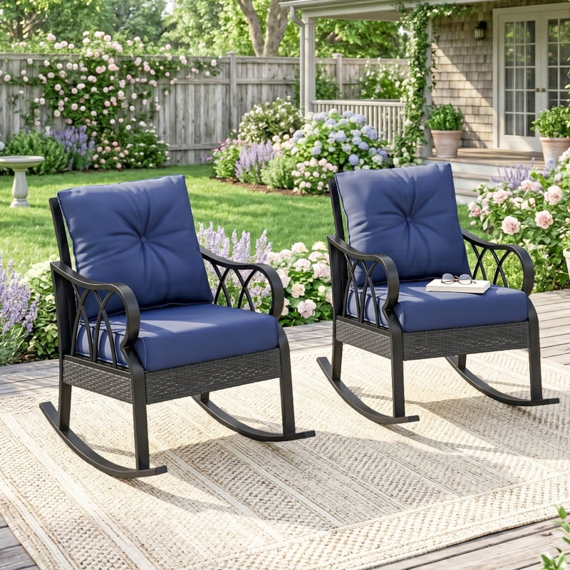 HOQBN 2-Piece Outdoor Wicker Rocking Chairs, Rattan Porch Rockers with Cushions, Aluminum Frame for Garden, Patio, Blue